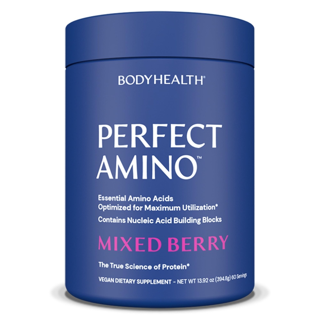 BodyHealth PerfectAmino XP Mixed Berry (60 Servings) Pre/Post Workout Recovery Drink, 8 Essential Amino Acids Energy Supplement with 50% BCAAs, 100% Organic, 99% Utilization for Maximum Power