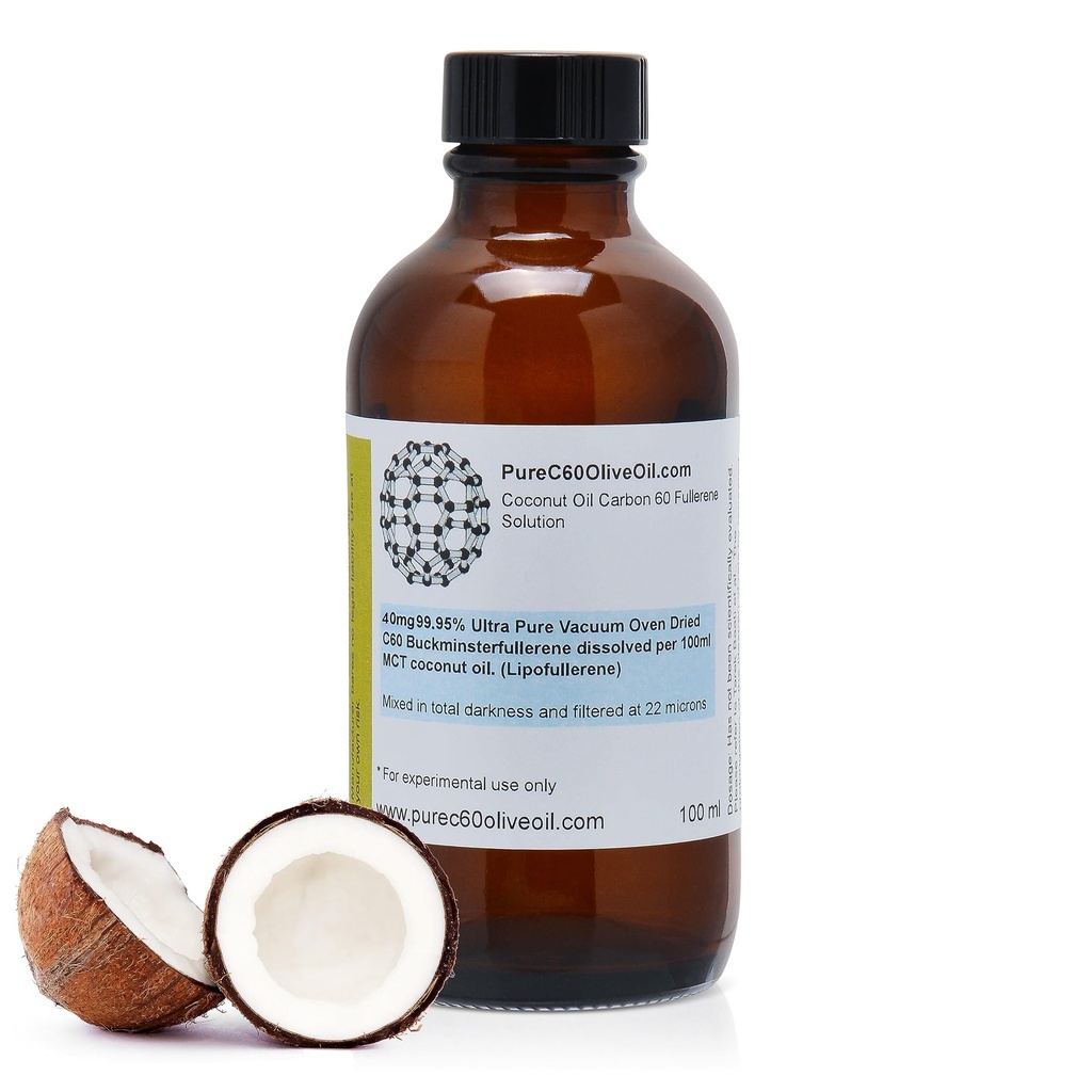 PureC60OliveOil C60 Organic MCT Coconut Oil 100ml / 3.4 Fl Oz - 99.95% Carbon 60 Solvent Free 40mg - Amber Glass Bottle - Food Grade - Carbon 60 Coconut Oil - From The Leading Global Producer