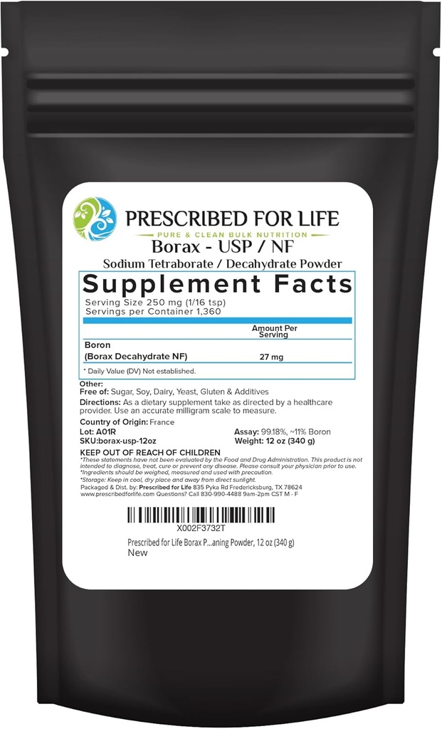 Prescribed for Life Borax Powder, Pure USP NF Grade All Natural Sodium Borate Powder, Household Laundry Booster, Slime Activator & Multipurpose Cleaning Powder (12oz / 340g)