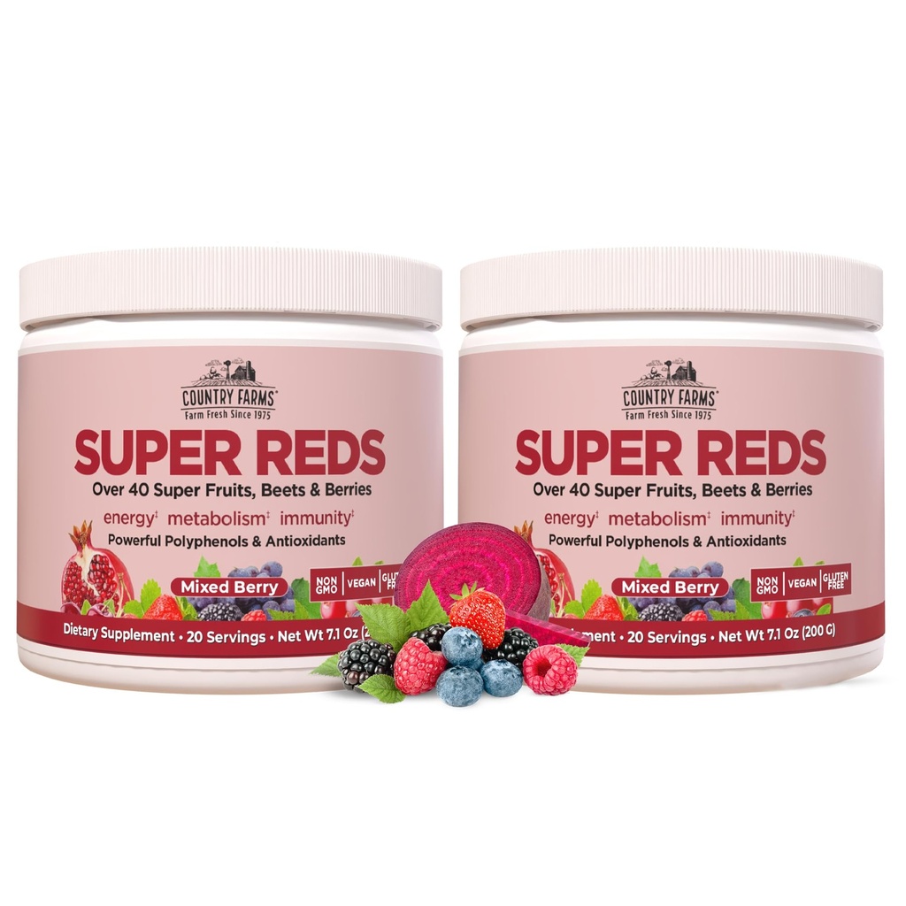 COUNTRY FARMS Super Reds, Energizing Polyphenol Superfood, Über 40 Super Fruits und Beeren, Leistungsstarke Antioxidantien und Polyphenole, unterstützt Energie, unterstützt Zirkulation, 40 Portionen, Mischbeere