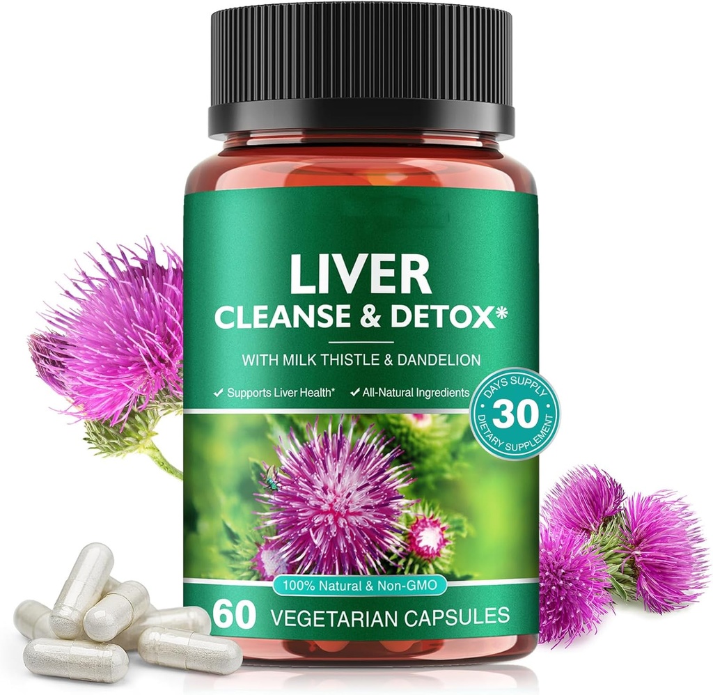 Máj tisztító és méregtelenítő tabletták máj egészség javítása - a Milk Thistle kivonat, Gyermekláncfű Gyökér, Gyömbér, Beetroot Powder & Vitamins - Természetes májtámogatás, 60 Vegán kapszula