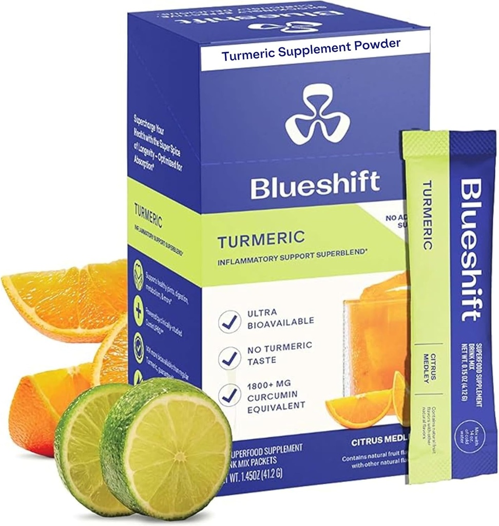 Blueshift Kurkuma Citrus Medley - Kurkuma-Pulver-Packets für Wasser, Kurkuma-Ergänzung, kein Zucker-Getränk-Mix für natürliche Erholung Unterstützung - Citrus Flavor, Pulver-Sticks (10 Pack)