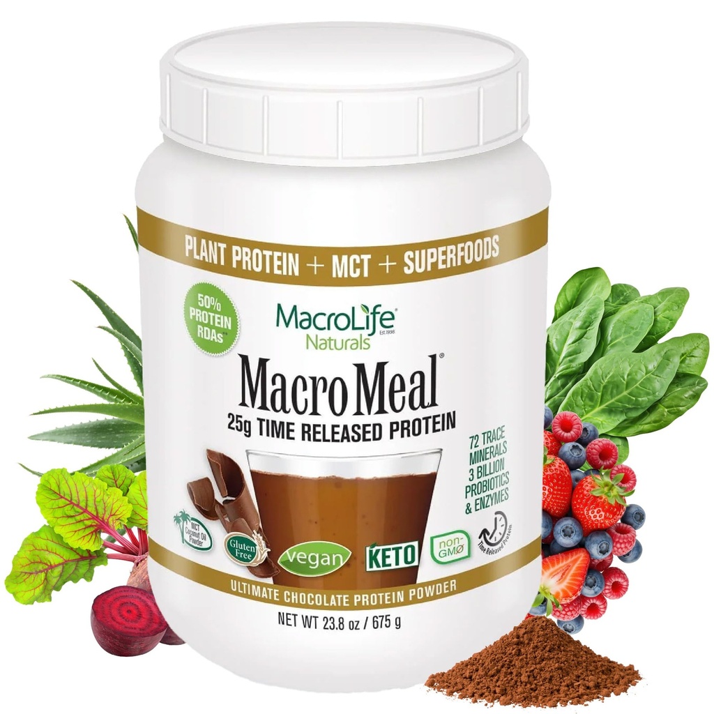 MacroLife Naturals MacroMeal Vegan Chocolate Protein Powder Superfood Greens Probiotics + Fiber, Immun Energy Digestive Daily Essentials für Damen und Herren Glutenfrei - 23.8oz (15 Servieren) Schokolade