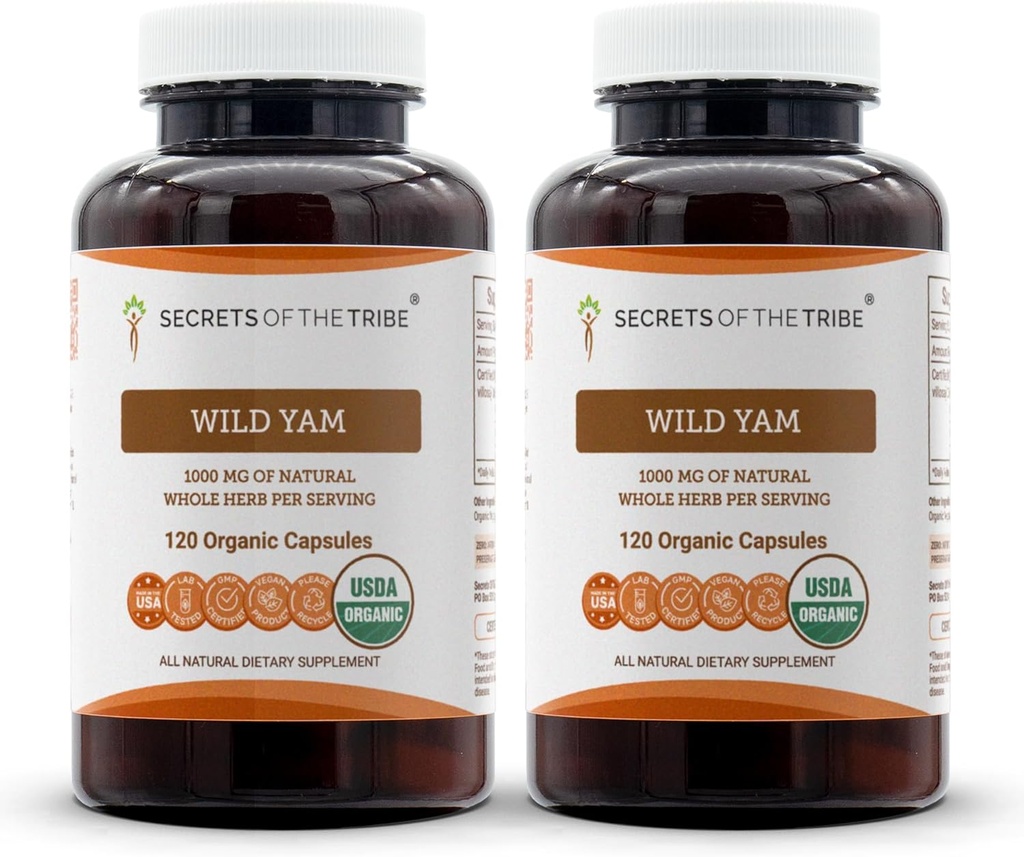 Secrets of the Tribe Wild Yam Capsules 1000 mg Verantwortlich gezüchtet USDA Organic Wild Yam (Dioscorea Villosa) Getrocknete Wurzel, Hormon Support Supplement (2x120 Kapseln)