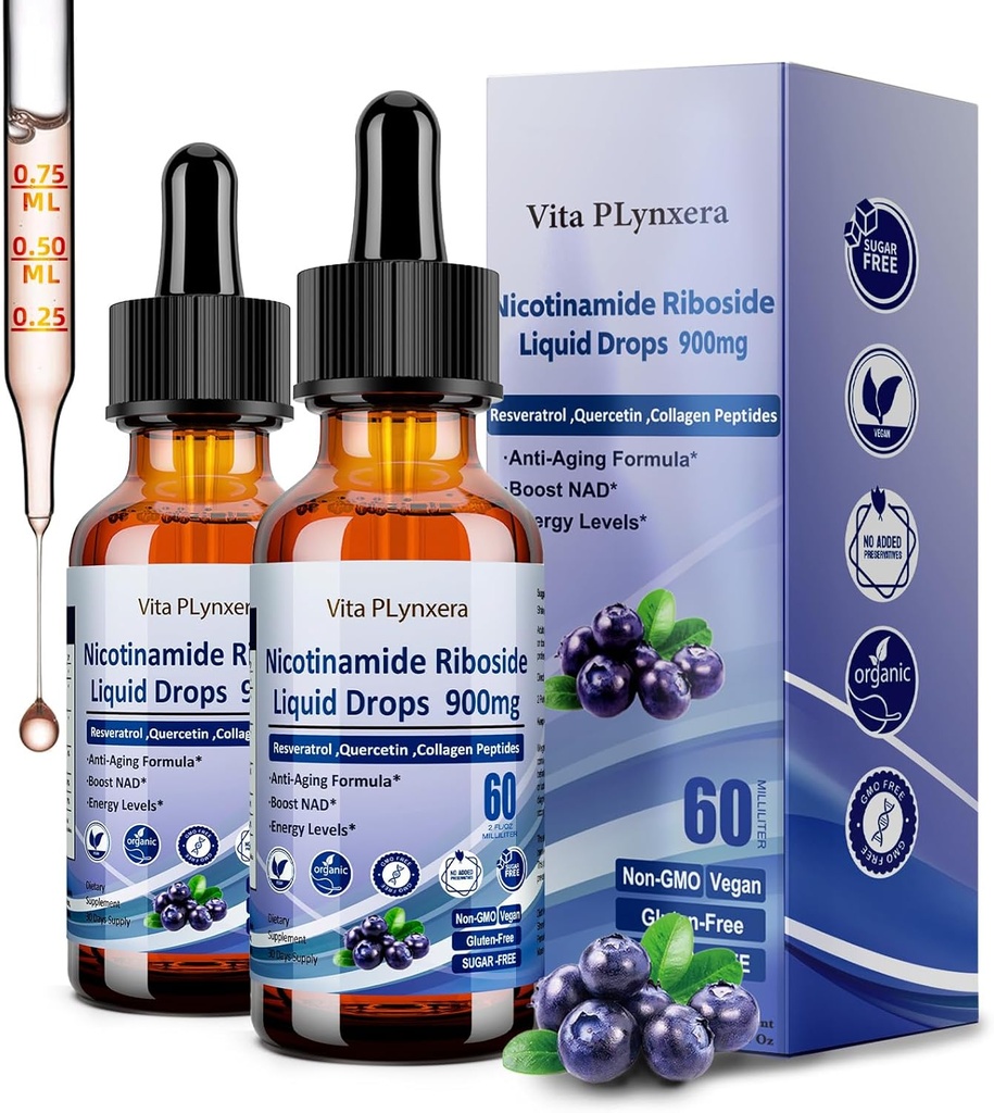 2 Pack NAD Ergänzungen für Damen und Herren, NAD Nicotinamid Riboside Resveratrol 900mg & Quercetin, Niacin, Collagen, Biotin, Liquid NAD Plus Supplement NR900 Für Anti-Aging Skin Energy Longevity Focus