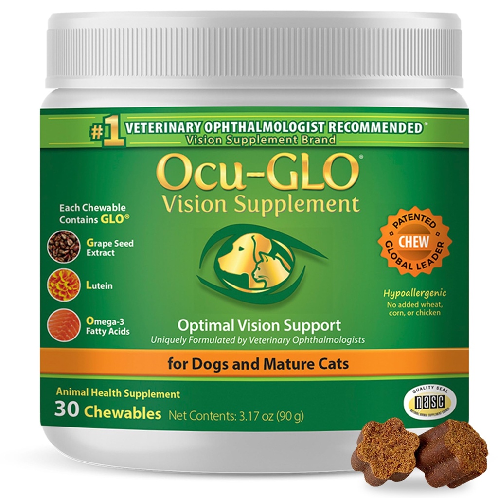 Ocu-GLO Cat & Dog Senior Supplement für Augenunterstützung - Chewable Vision Vitamins Ergänzungen für große und kleine Tiere Pflege mit Lutein, Omega-3 Fettsäuren, Getreide Stuhlextrakt & Antioxidantien