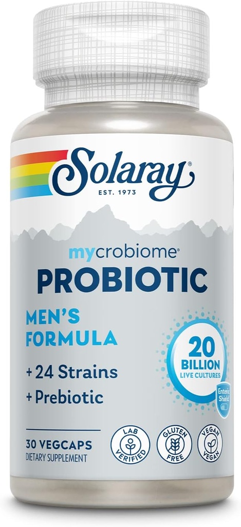 SOLARAY Mycrobiome probiotic men 's Formula, Probiotics for Men, Gut Health, Digestion, Immune Function & More, 20 Billion CFU Mens Probiotic, 24 Strains Plus Prebiotic, 30 Servings, 30 VegCaps