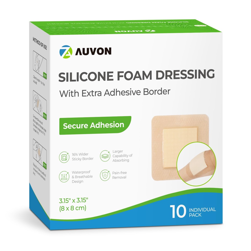 AUVON szilikon hab ruha nagy tapadó határ, 3 "x 3" 10 köteg sebtapasz magas abszorbens, vízálló szilikon hab lapok sebápolás és védelem Plus cushioning