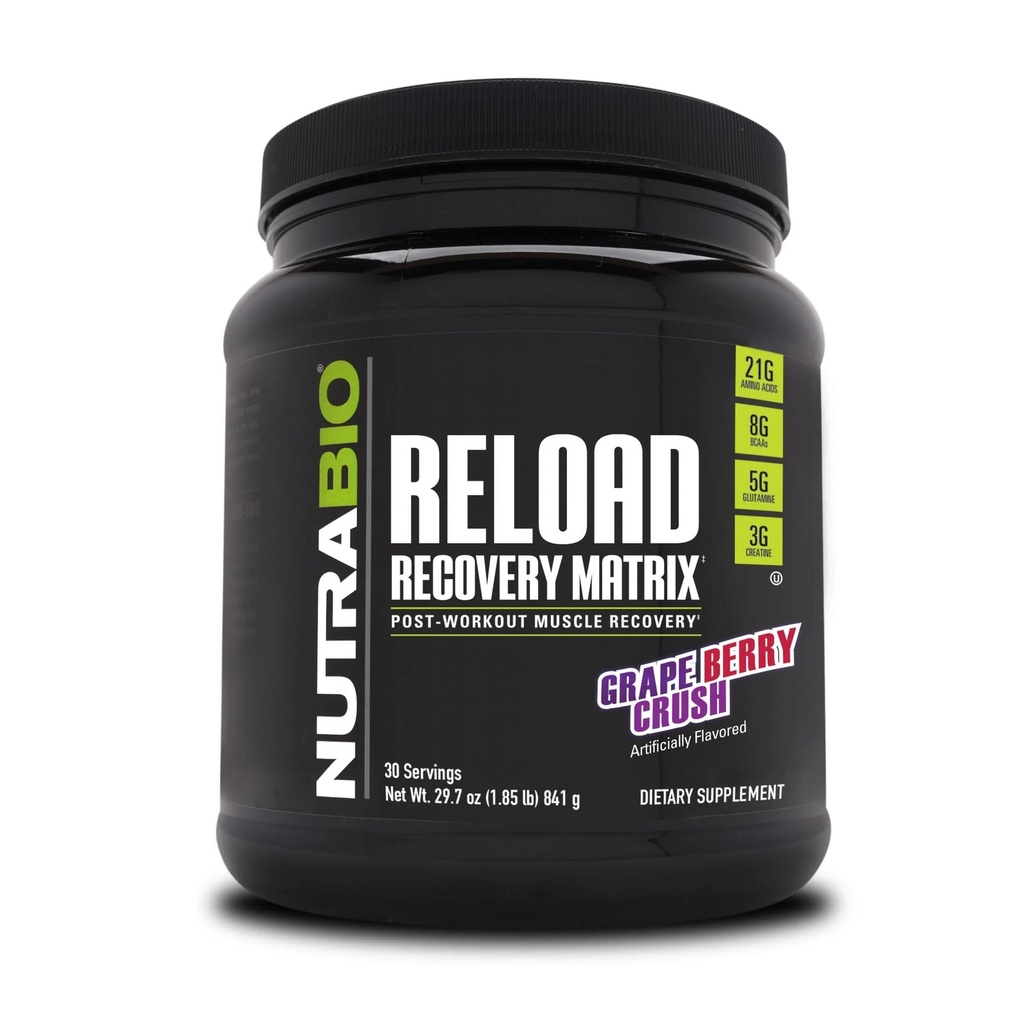 NutraBio Reload - Erőteljes izom helyreállítási képlet - poszt-edzés kiegészítés - 3G Creatine - 8G BCAA - 5G Glutamin - 30 szerváció, Grape Berry Crush
