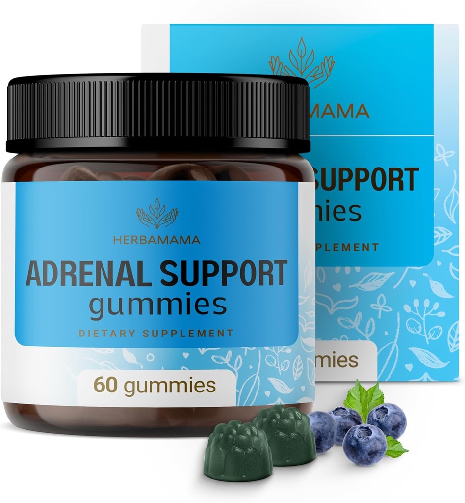 HERBAMAMA Adrenal Support Gumies - Pure Adrenal Complex Supplement for Women with Ashwagandha Root, Rhodiola Rosea & Magnézium - Vegan, Non-GMO - 60 Pectin- Based Blueberry- Flavored Chews