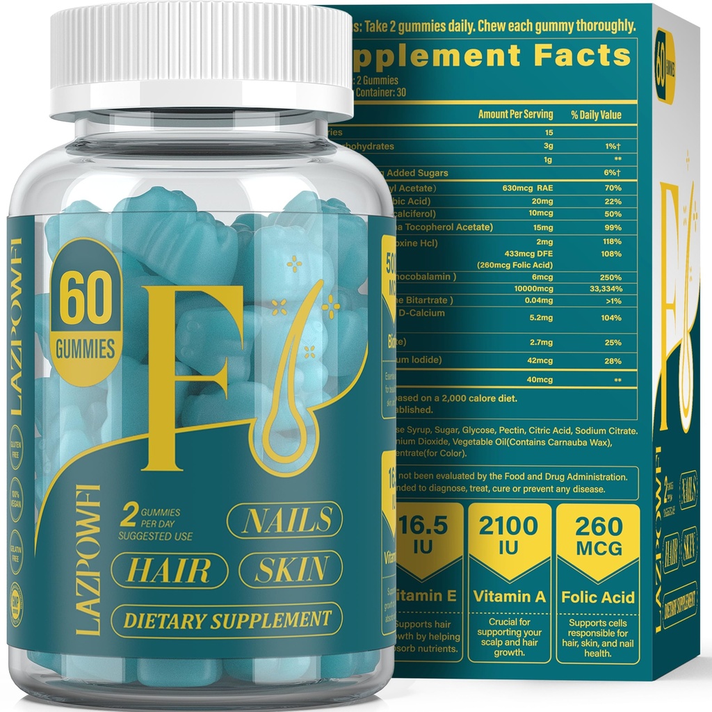 Biotin Gummis -Hair Skin und Nägel Vitamine für Männer & Frauen, Vegan Vitamin B7, unterstützt Haarwachstum und stärkere Nägel,30 Tage Versorgung - Blueberry-60 Zähler