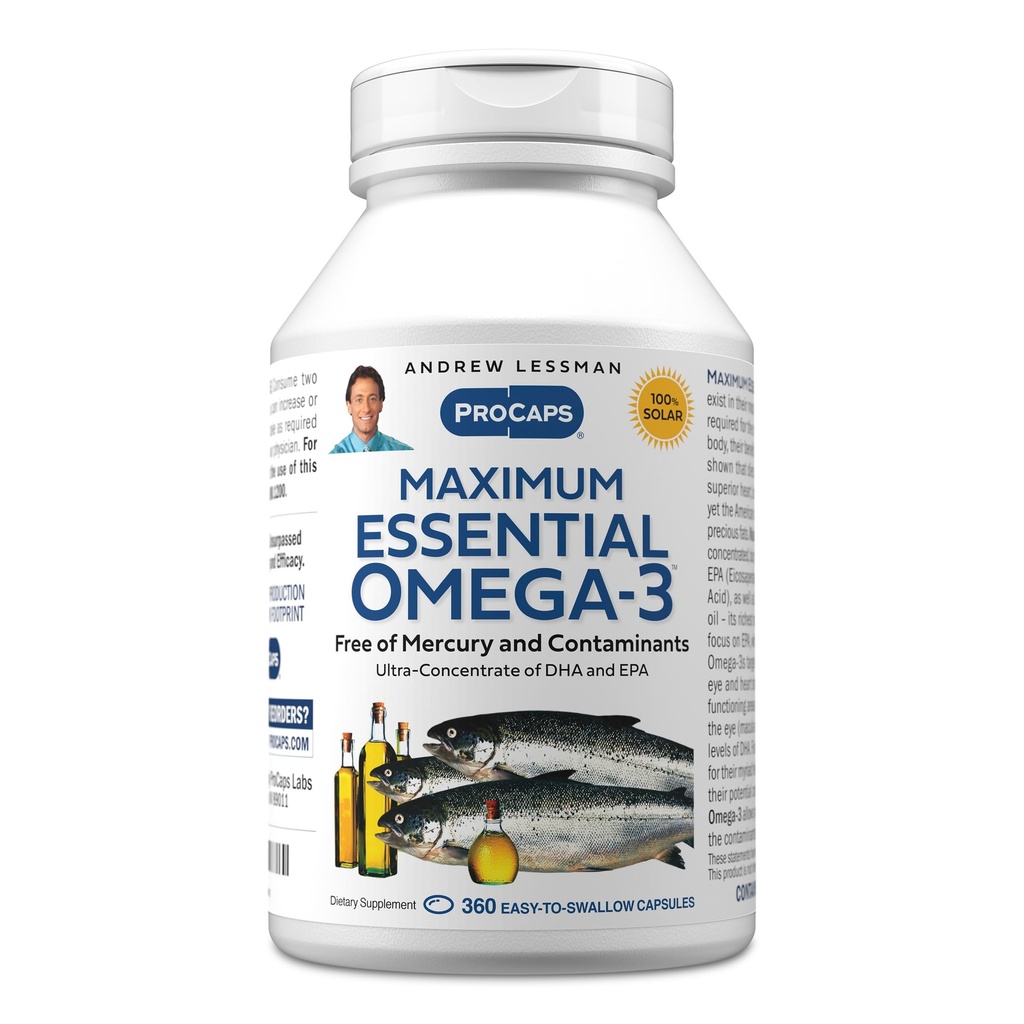 ANDREW LESSMAN Maximum Essential Omega3 Inflavored, 360 Softgels - Ultra- Pure Omega3 Fish Oil 1200 mg -High DHA, No Mercury Supplement- Small, Easy to Swallow Halolaj kapszula