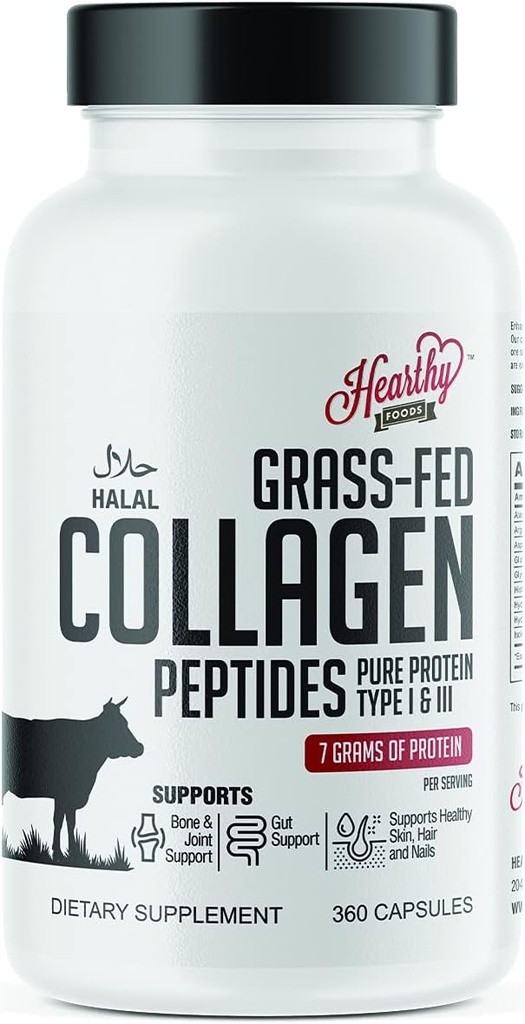HEARTHY ÉLELMISZER Kollagén tabletta kiegészítés (I, III típus), 360 kollagén kapszula Egészséges haj, bőr, köröm, ízületek - tej- és glutén mentes kollagén kiegészítés - 7 Grams fehérje Per Serving