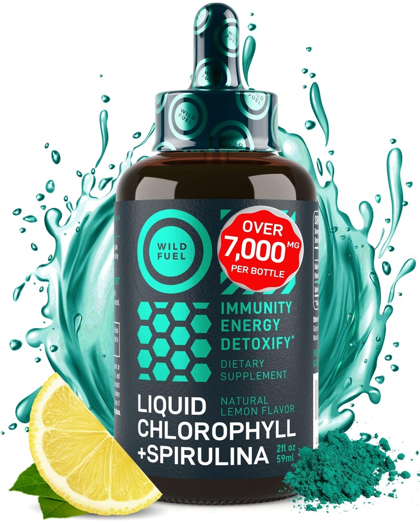 Flüssige Chlorophyll Tropfen mit Spirulina für Wasser - Vollständige Kraft Energie, Wellness, Immununterstützungsergänzung - 50mg Chlorophyll Liquid, 12.5mg Spirulina - Lemon Flavor Detox Drink - 2oz, 118 Servierungen