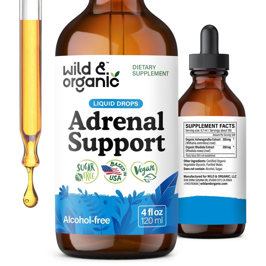 Wild & Organic Adrenal Support Drops für Positive Outlook - Natürliche Adrenal Support Ergänzungen für Frauen und Männer - Vegan, kein Zucker & Alkohol - 2-Monats-Versorgung - 4 fl oz