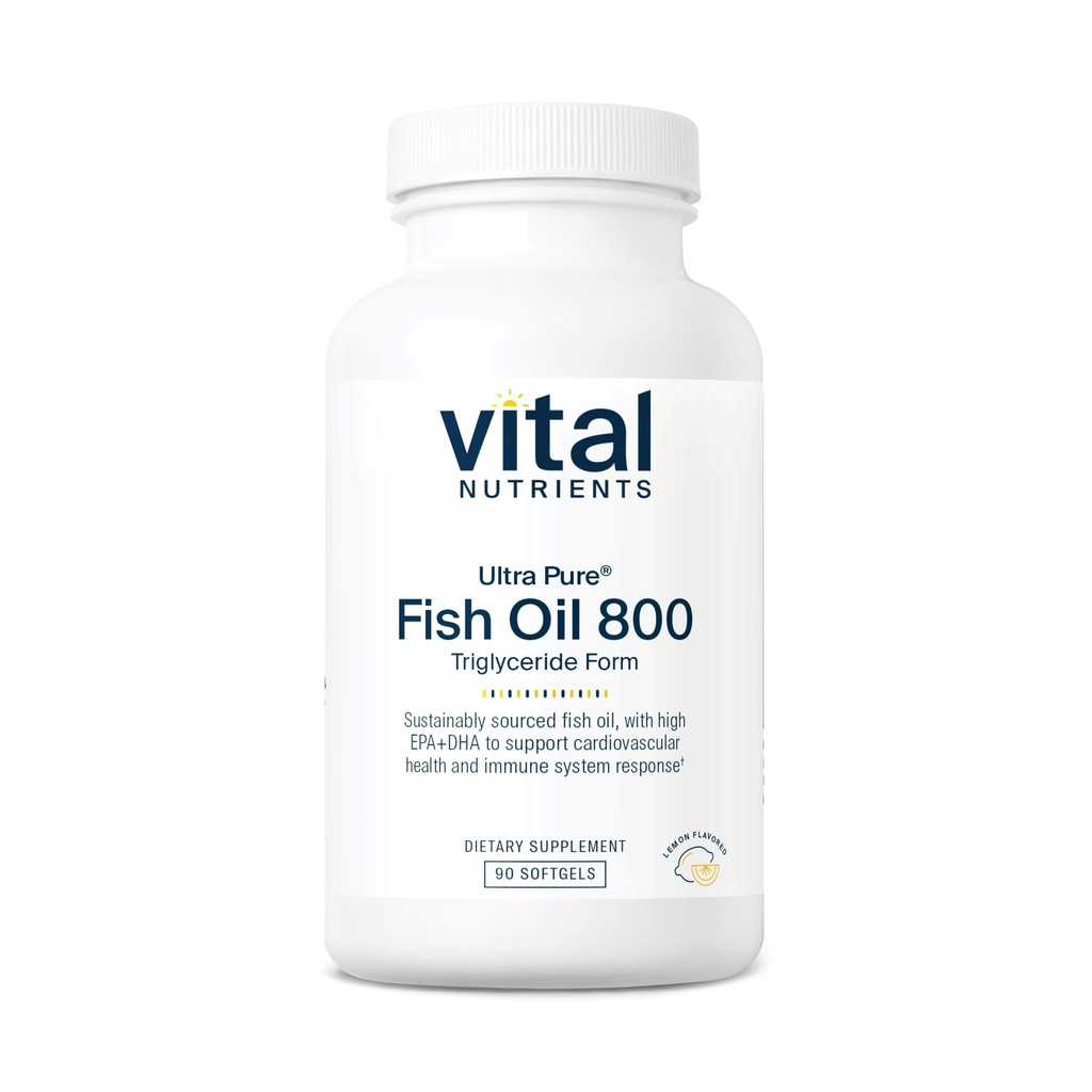 Vital Nährstoffe Ultra Pure® Fischöl 800 Triglycerid Form | Herz, Gehirn, & Immune Gesundheit* | Sustainable Sourced High EPA & DHA Omega-3-Fettsäure | Lemon Flavor | Gluten, Dairy, Soy Free | 90 Count