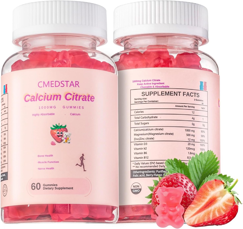 Kaubare Kalzium-Zitrat-Gummien 1000mg mit Vitamin D3 & K2, B6 & B12, Magnesium, Zink für Knochen, Muskeln & Gelenke, Immunität & Gedächtnis Unterstützung,Sugar-frei, Glutenfrei, Vegetarisch, Erdbeere, 60 Zähler