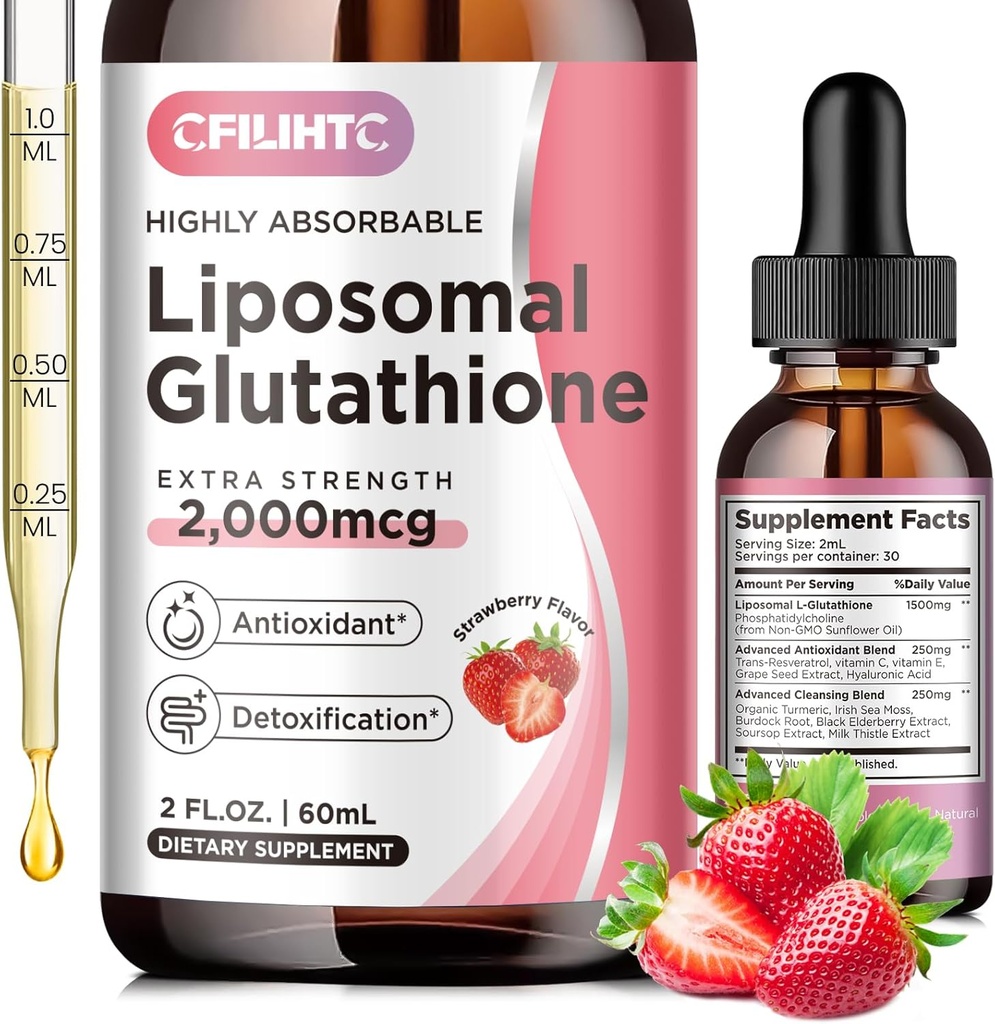 Liposzómás glutation folyékony cseppentő szerek, glutation- folyadék kiegészítés, L- glutation aktív formában, C-vitaminnal, máj detoxikonnal, antioxidánssal anti- öregítésre, Immun & Tisztítás, Strawberry Flavor, 2 FL.OZ