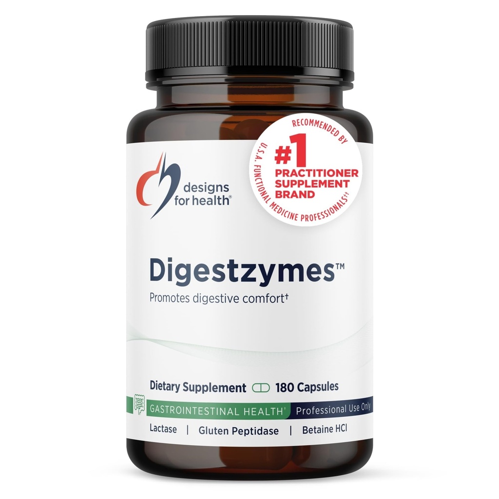 Designs for Health Digestzymes - Verdauungsenzyme + Betaine Hydrochlorid für Gas & Bloating Relief - Pepsin, Ox Bile, Lactase Enzyme & Lipase Enzyme für Verdauung (180 Kapseln)