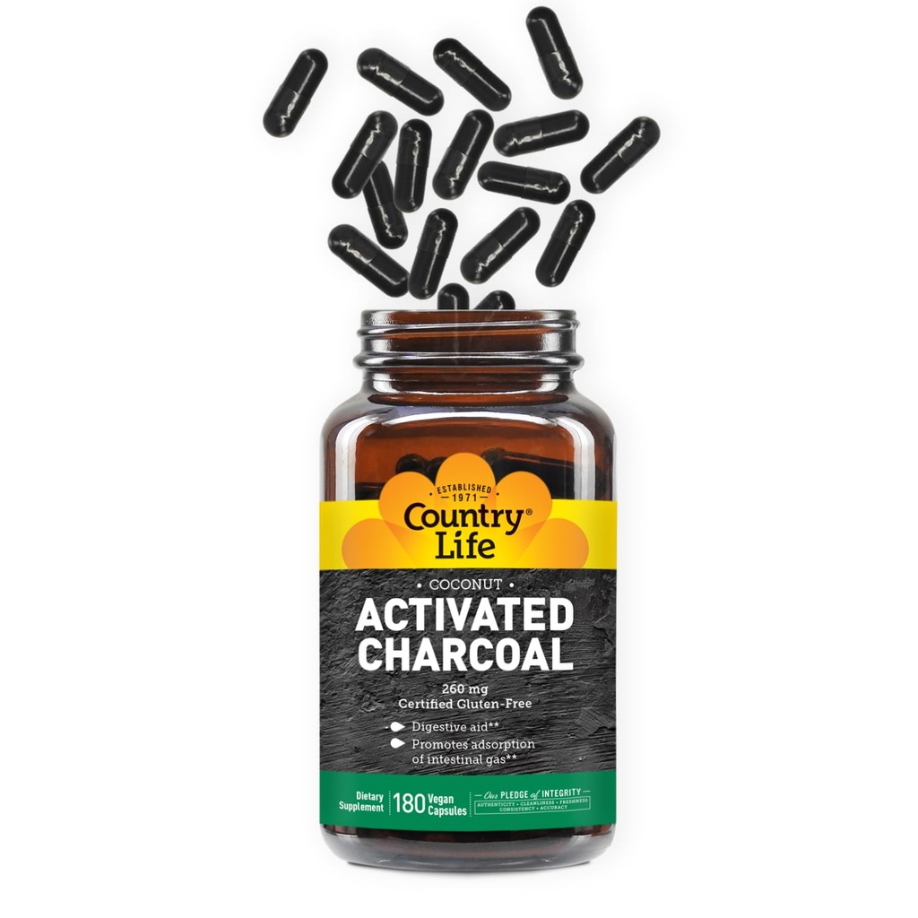 Country Life Activered Organic Coconut Charcoal Capsules, 260mg - Natural Charcoin Supplement for Gas and Bloating Relief, Gluten- Free, 180 Vegan Capsules