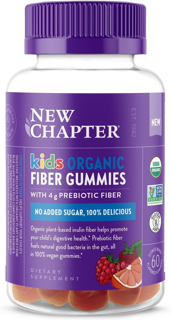 New Chapter Organic Fiber Gummies for Kids, 4g Delicious Plant-Based Prebiotic Fiber for Digestive Health, Vegan, Non-GMO, USDA Organic, Gluten Free, Citrus-Berry Flavored, 60 ct