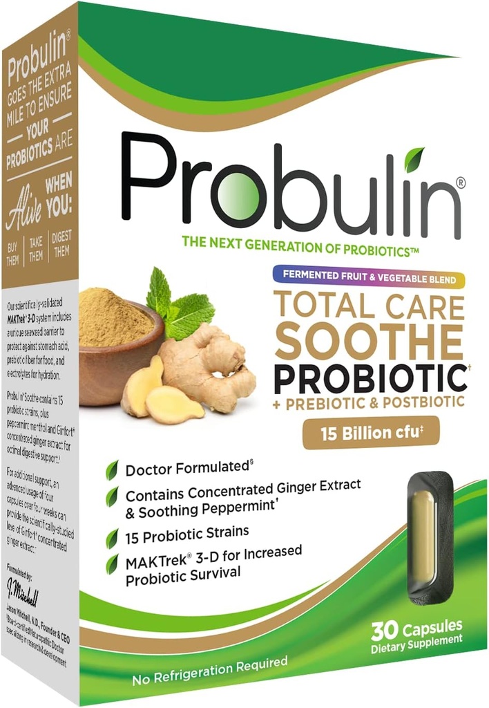 Probulin Total Care Soothe Prebiotic, probiotic and Postbiotic + Ginger & Menta Digestive Soothing - 15 milliárd CFU - 15 Strains - 30 Vegán kapszula
