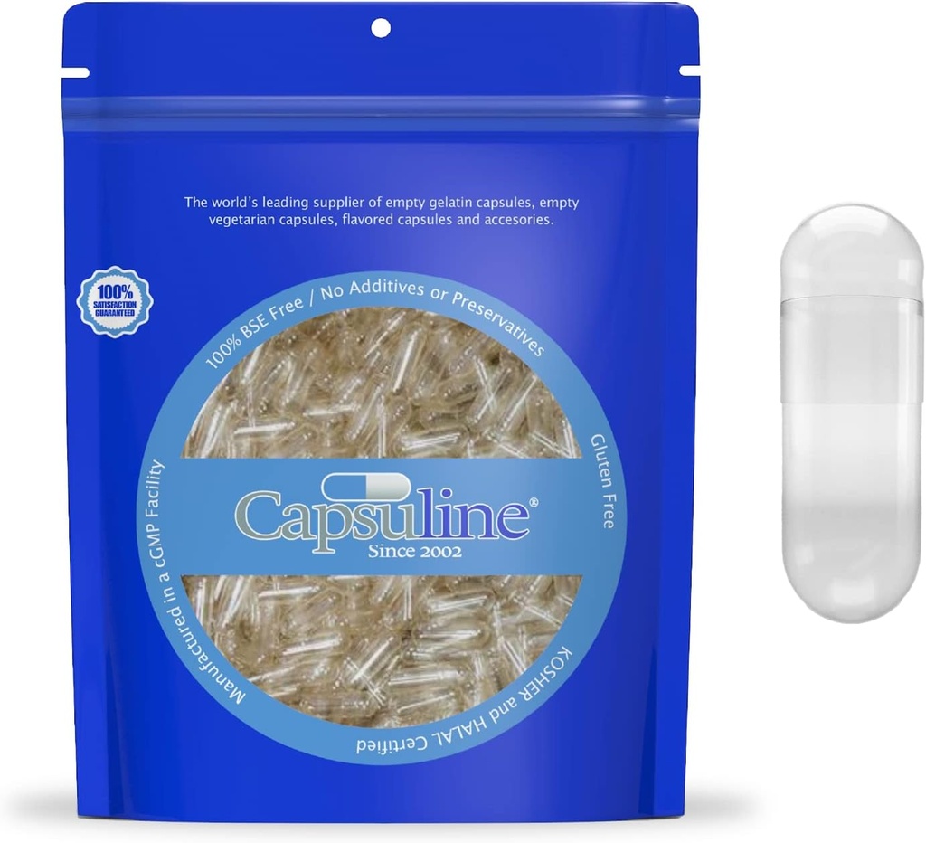 Capsuline Größe 0 Gelatin Leere Kapseln, 50000 Graf, Leere Gel Pillen Kapseln, DIY reine Bovine Pille Kapsel Füllung, Leere Kappen, Kosher, Glutenfrei und nicht-GMO Zertifiziert, Klar