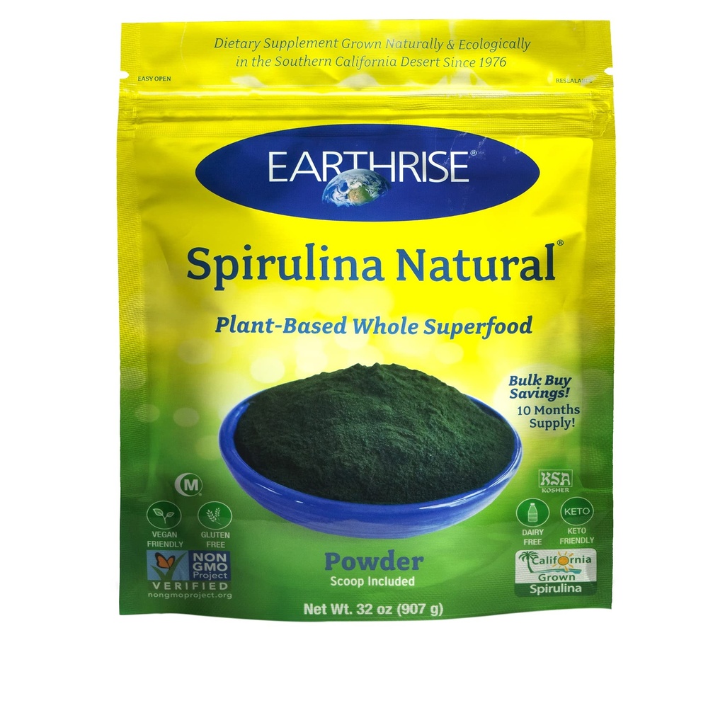 Earthrise Spirulina Natural Powder 32oz, Natural Premium Spirulina aus Kalifornien- Vegan, Glutenfrei, Keto Friendly, Non -GMO Super Food hoch in Vitaminen & Minerals. (2 LB)