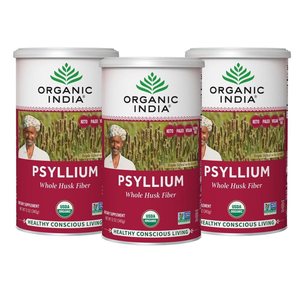 ORGANIC INDIA Psyllium Kräuterpulver - Ganze Husk Faser-Ergänzung, Verdauungsunterstützung, Vegan, Glutenfrei, USDA Certified Organic, Non-GMO, lösliche & unlösliche Faserquelle - 12 oz (Pack mit 3)