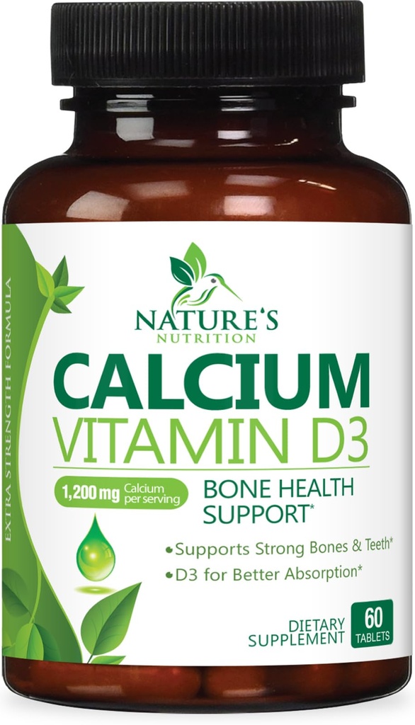 Kalziumergänzung 1200 mg - mit Vitamin D3 für beste Absorption - unterstützt Immungesundheit, Knochen & Zähne - Nature's Calcium Carbonate + 1600 IU von D3 - Bottled in USA für Frauen & Männer - 60 Tabletten
