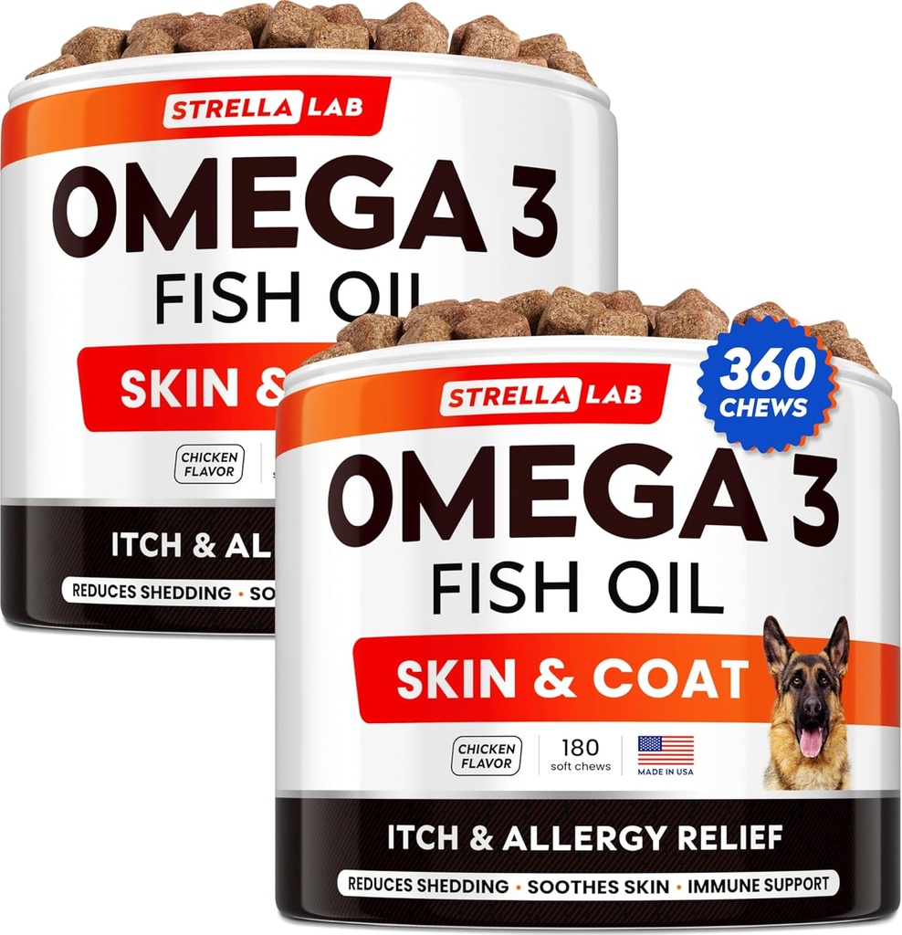 STRELLALAB Omega 3 für Hunde - (360Ct) Fish Oil Treats - Allergy & Itch Relief Skin & Coat Supplement - Dry Itchy Skin, Anti Shedding & Hot Spots Behandlung - Pet Salmon Oil Chews - Huhn Flavor