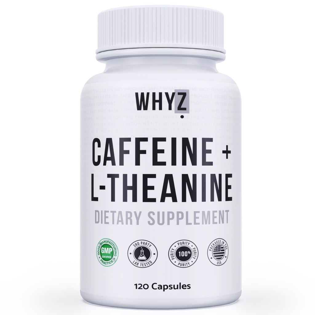 WHYZ Koffein Pillen mit L-Theanin, 120 Kapseln, Nootropic Stack Energy Pills, Energie Vitamine für nachhaltige Energie Fokus & Kognitive Funktion, L Theanine Koffein Energie Ergänzungen für Frauen & Männer