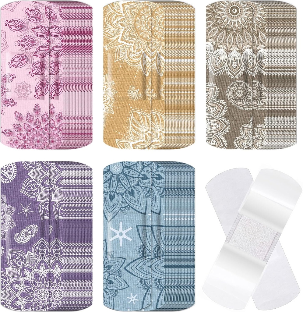 120 db Fabric ragasztószalag Rugalmas kötszerek Tömeges válogatott alakzatok és minták kis színű Pretty Fabric kötszerek Non Stick Pad 3 x 1 inch a sebsebes sebek nők (Mandala)