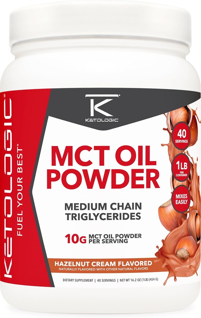 Ketologic MCT Oil Powder Hazelnut Cream (1 LB) - Keto Coffee Creamer & Energy Support - 41 Servings of Medium Chain Triglicerids for Focus & Fuel
