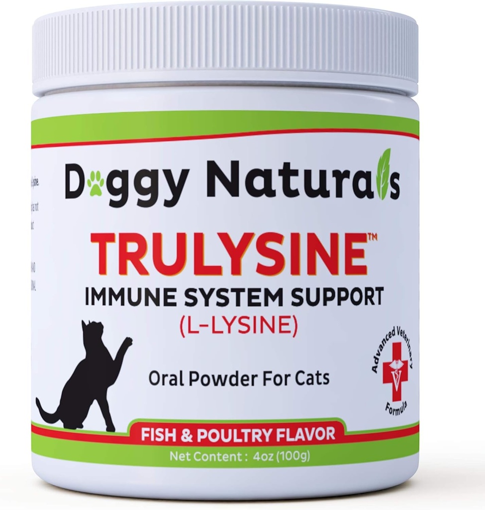 Trulysine L-Lysine für Katzen Immununterstützung Mundpulver 4oz/100g - Katzen & Kittens aller Altersgruppen, Niesen, Runny Nose Quitten, Wassery Eyes - Fisch & Geflügel Geschmack (U.S.A)(100 Gramm (500mg / Scoop)))