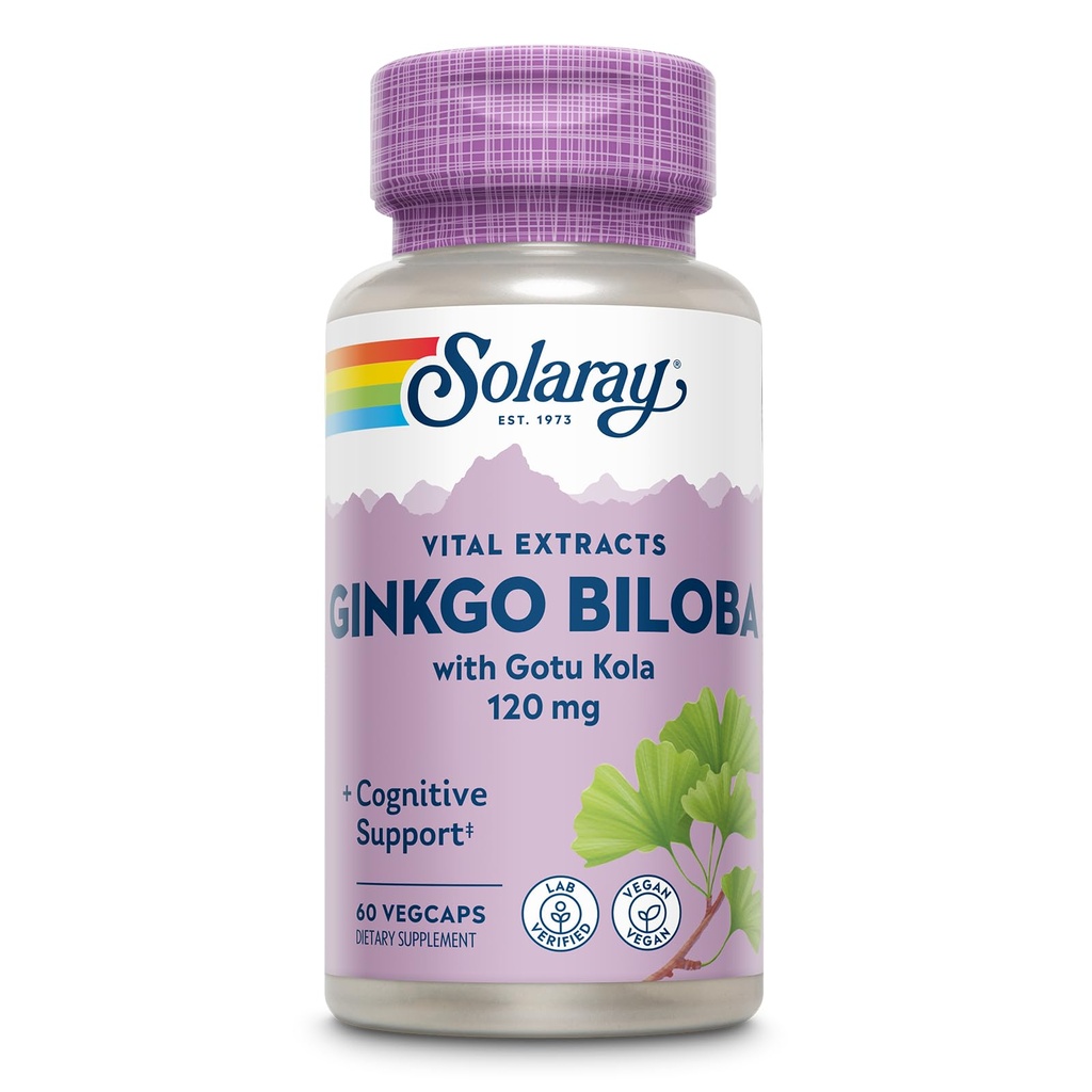 SOLARAY Ginkgo Biloba Extract with Gotu Kola - Ginko Biloba Capsules for Brain Health Support - Vegan, Lab Verified, 60-Day Guarantee - 60 Servings, 60 VegCaps (60 VegCaps)