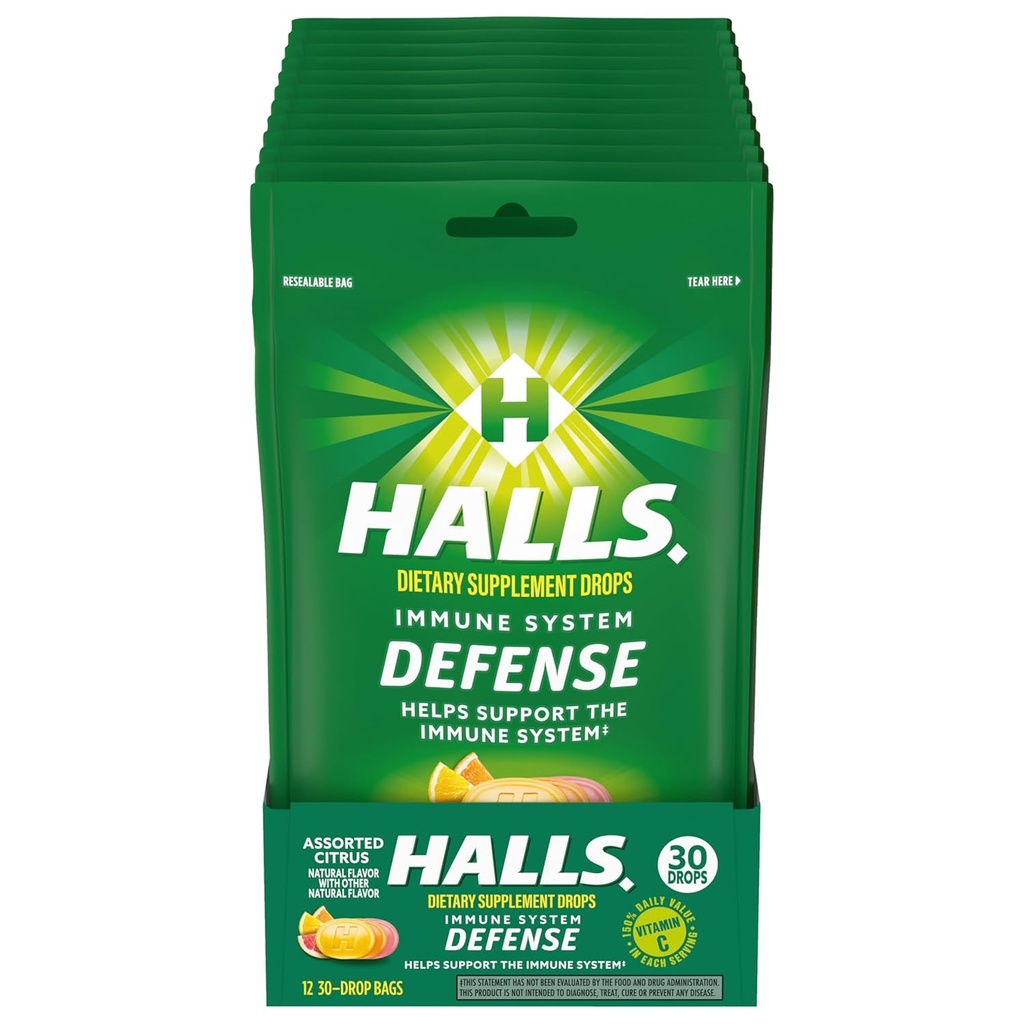 HALLS Verteidigung sortierte Citrus Vitamin C Tropfen, Nahrungsergänzung Tropfen, 12 Taschen von 30 Tropfen (360 Gesamttropfen)