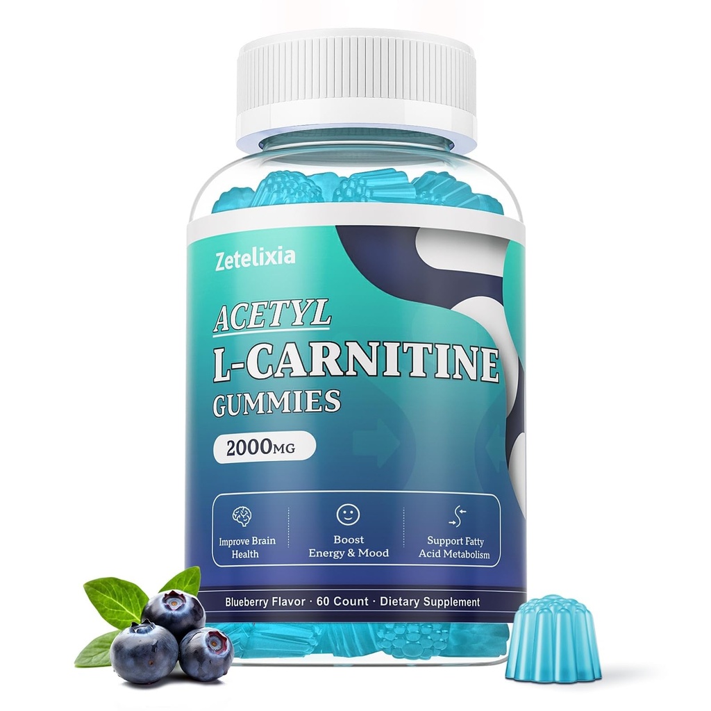 Zuckerfreie Acetyl L-Carnitin-Gummien, L-Carnitin-Ergänzung für Damen und Herren, mit Vitamin C & B12, ALCAR für Energie, Gehirn und Herzgesundheitsunterstützung, Vegan, Non-GMO, 60 Count