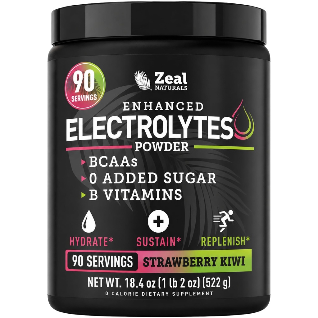 Zeal Naturals Elektrolyt-Pulver Erholungsgetränk (90 Servierungen | Erdbeerkiwi) w 0 Zucker + BCAAs +B-Vitamine Elektrolyt-Ergänzung mit Kalium Zink & Magnesium für Hydration - Keto Elektrolyte
