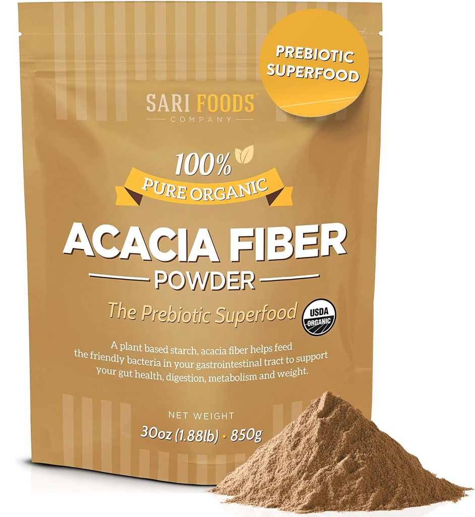 Sari Foods Organic Acacia Fiber Powder, 30 Ounce, Soluble Fiber Powder, Natural, Whole Food, Plant Based Superfood Prebiotic for Gut Health and Repair