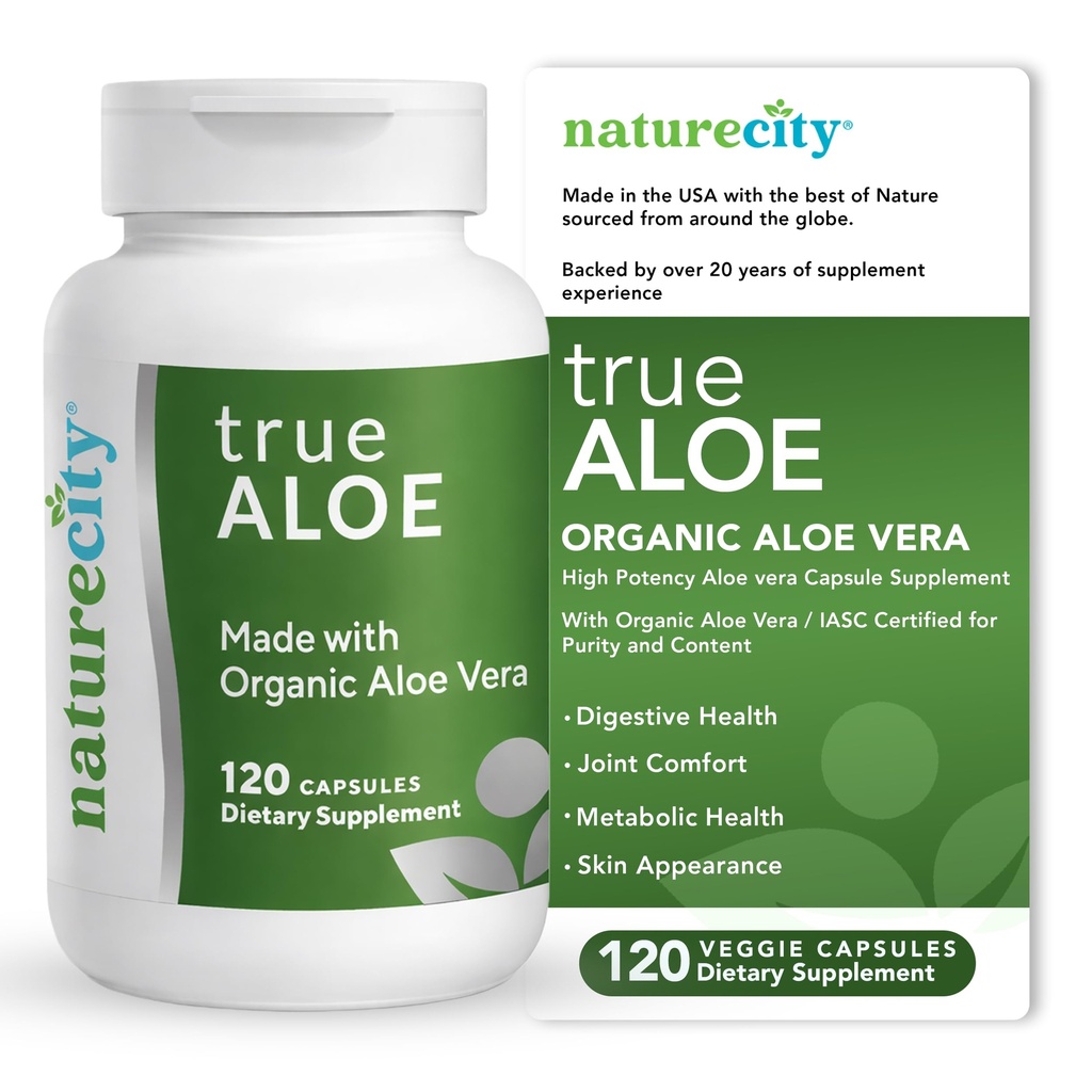 NatureCity True-Aloe Gut Health Support – 80.000mg Aloe Vera Gel Equivalent Per Serving – Bio Aloe Vera (120 Kapseln) für Verdauungs-, Haut- und Gelenkunterstützung | Kleine einfache zu verschlingen Pillen