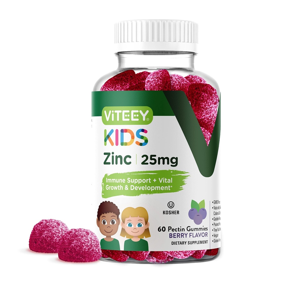 Viteey Zink für Kinder Gummie, 25mg - Immununterstützung - Leistungsstarke natürliche Antioxidationsmittel, Kinder Zink Vitamin Supplement - Vegan, Gelatin frei, Glutenfrei - Tasty Kaubare Berry Flavor Gummy