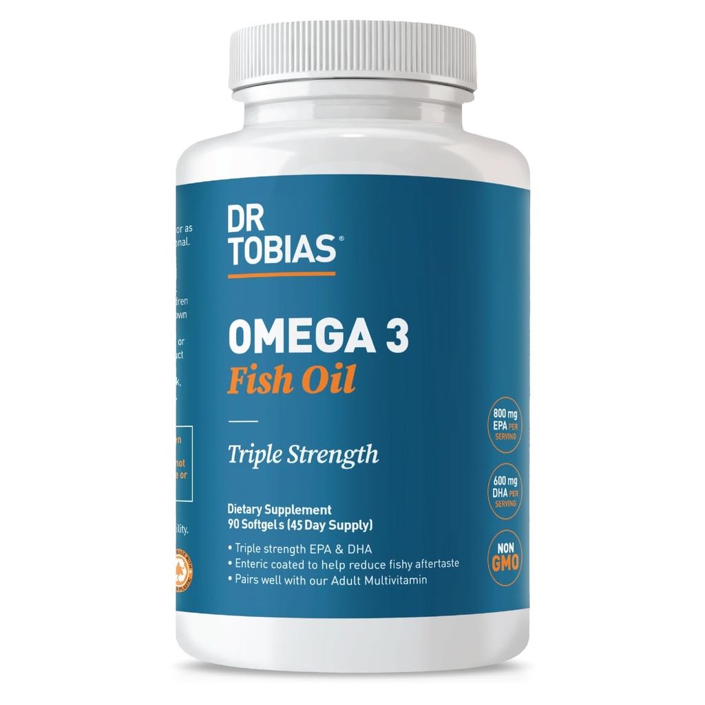 Dr. Tobias Omega 3 Fish Oil, 2000mg Triple Strength with 800mg EPA 600mg DHA Per Serving, Fish Omega 3 Supplements for Heart, Brain & Immune Supplement, 90 Softgels, 45 Servings
