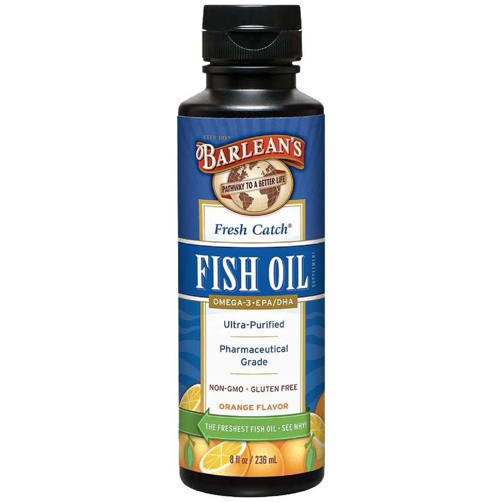 Barleans Omega 3 Fish Oil Liquid Supplement, 1262mg EPA und DHA Fettsäuren, Non-GMO und Glutenfrei, Orange Flavor, 8 Unzen