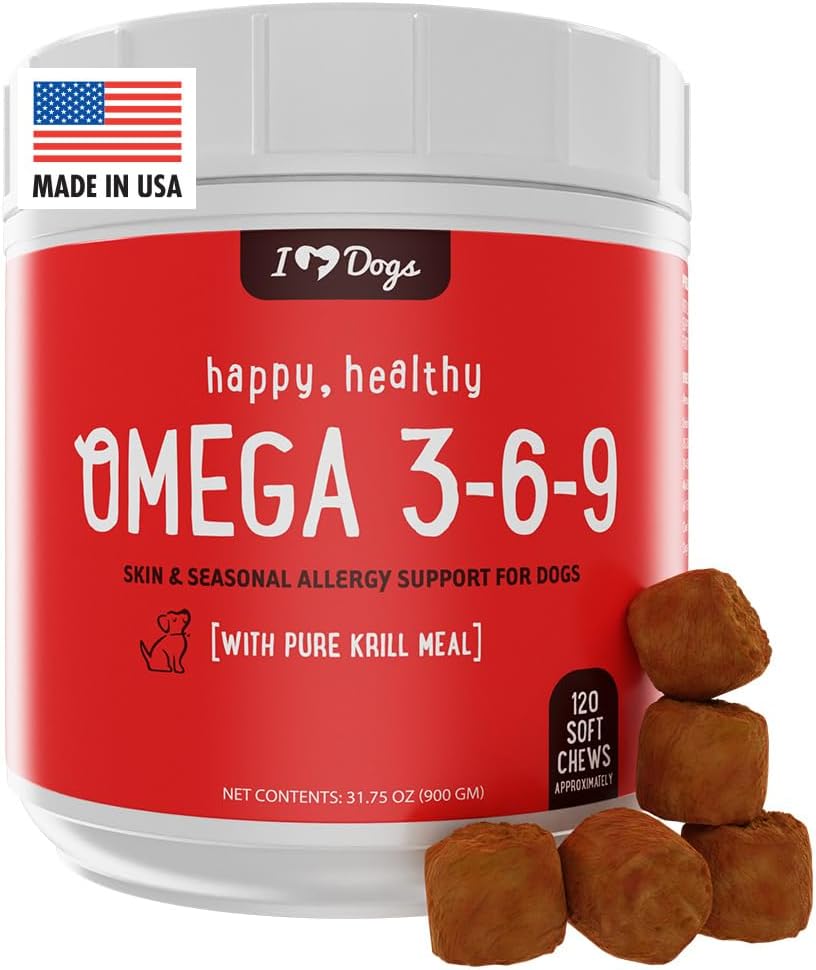 iHeartDogs Omega 3-6-9 für Hunde - Skin and Coat Fish Oil Supplement für Hunde mit Pure Antarctic Krill Oil - Allergy & Itchy Skin Relief Chews, 120 Count
