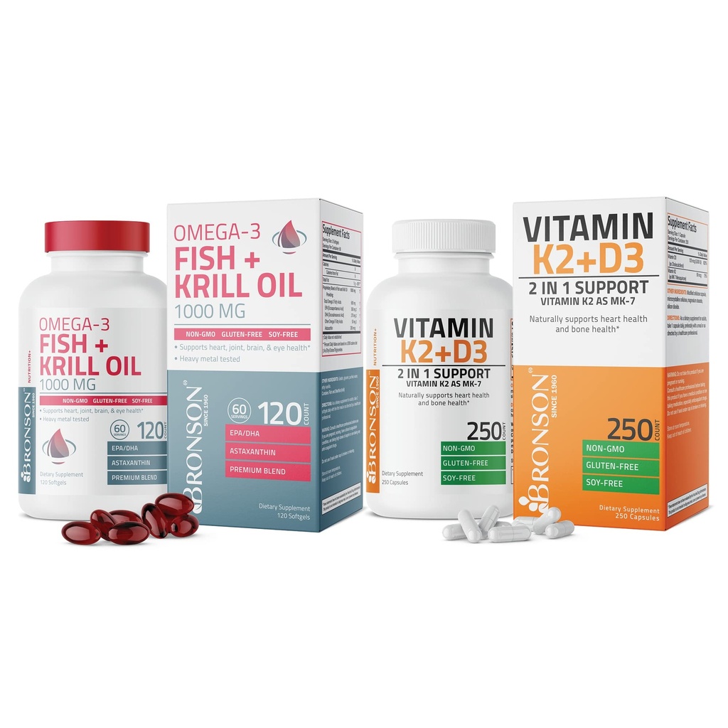 Bronson-K2-vitamin (MK7), D3 kiegészítés Omega3 Hal + Krill olaj 1000 MG