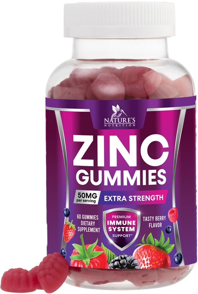 Zink-Gummien 50mg - Knochen Haut und Immununterstützung Gesundheit Gummy & Premium Antioxidant Kaubar für Erwachsene - Hohe Absorption Vegan, Glutenfreie Zink-Ergänzungen Vitamin - Tasty Berry Flavor - 60 Gummis