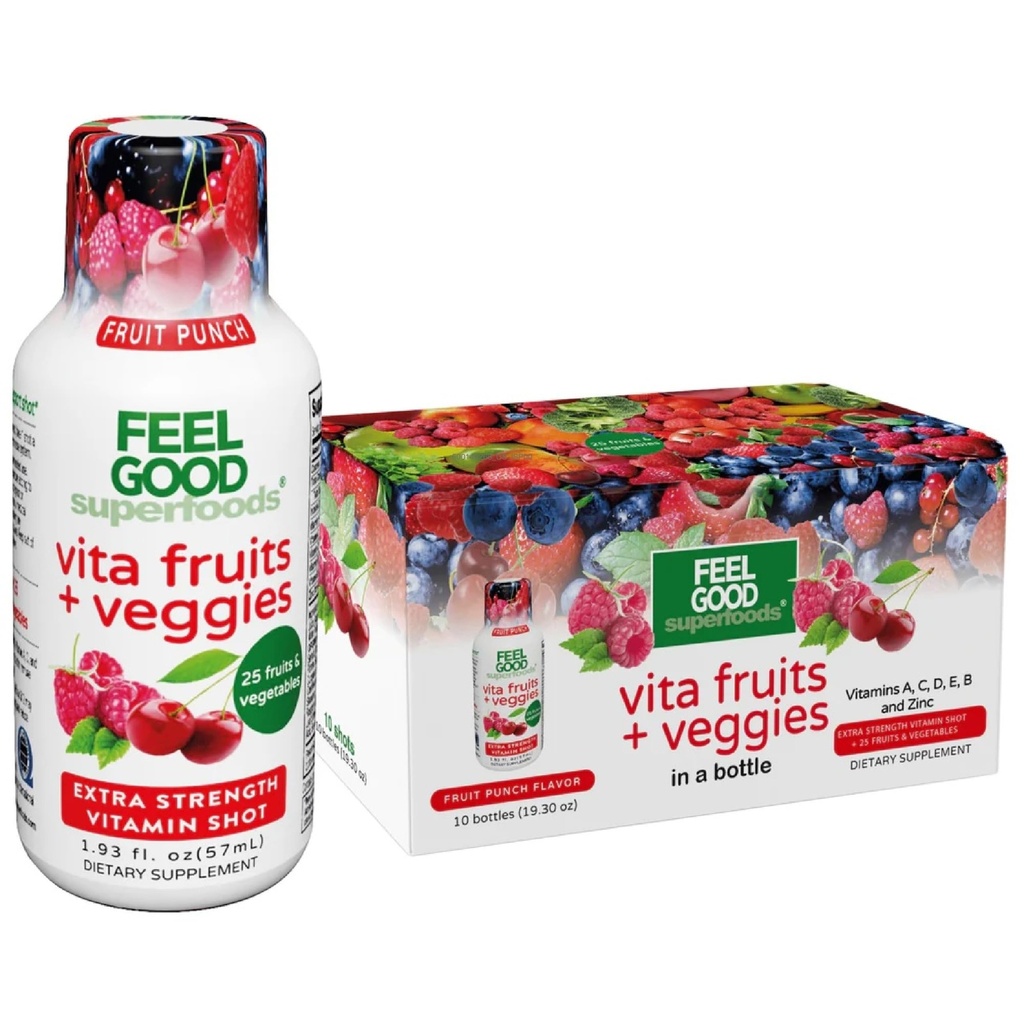 FeelGood Superfoods Vita Fruits and Veggies Immun Support Shot Supplements, Frucht-Punch Flavor, Packung mit 10 Immunity Shots, Immunsystem Booster Drink Made with 25 Organic Fruit & Vegetables