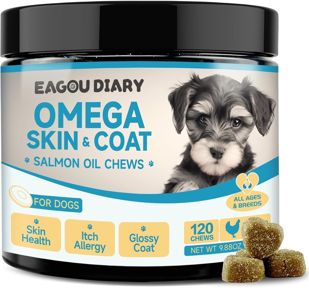 EagouDiary Salmon Oil Chews für Hunde,Omega 3 Skin & Coat Supplement für Hunde mit EPA & DHA Fettsäuren,Angelica, Methionin,Vitamins,Minerals for Itchy Skin & Allergy Relief (120Ct)