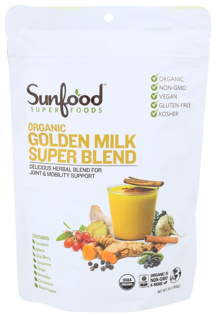 Sunfoods Golden Milk Super Blend - Superfood Golden Milk, Turmeric Powder, Superfood mit Turmeric und Ginger, Black Pepper, Cinnamon & Cardamom, Turmeric Latte Powder, Vegan, USDA Organic - 6 oz